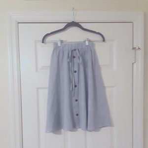 High Waist Blue and White Striped Button Front Knee Length Flare Skirt
